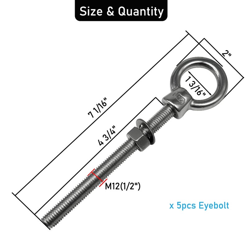 CUKAYO Eye Bolts, 2pack 1/2" x 4-3/4" Heavy Duty Shoulder Lifting Ring Threaded Eyebolts with Nuts Washers 316 Stainless Steel Marine Grade Eyebolt - Image 3